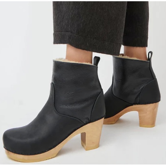 No. 6 Shoes - No. 6 Pull-on Shearling Wood Clog Boots on Mid Heel Black Suede Women's 39 8.5